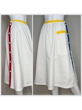 Vintage 1980s White Side Button Midi Skirt, Primary Color Trim, Petri Sweden XS